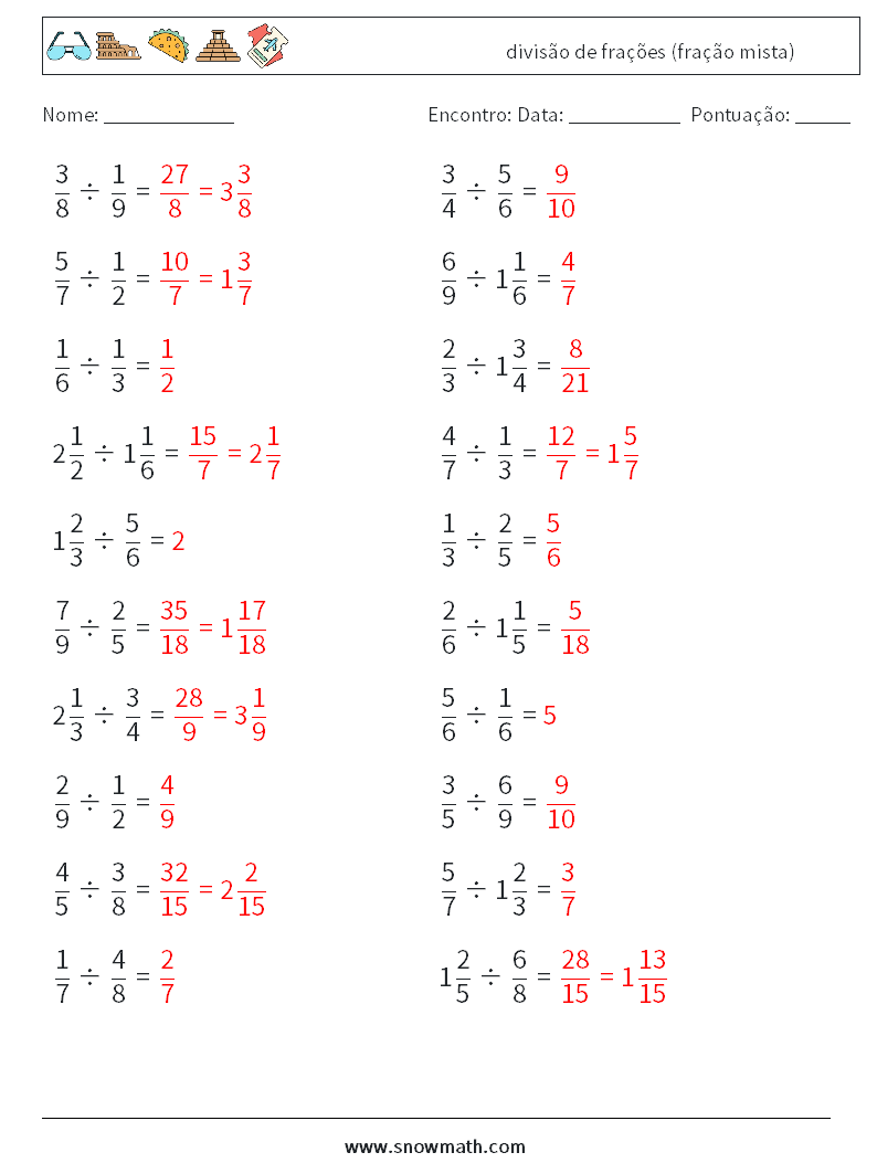 (20) divisão de frações (fração mista) planilhas matemáticas 18 Pergunta, Resposta