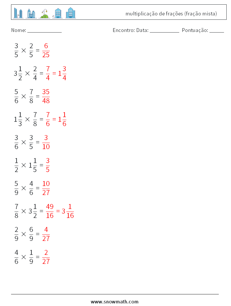 (10) multiplicação de frações (fração mista) planilhas matemáticas 10 Pergunta, Resposta