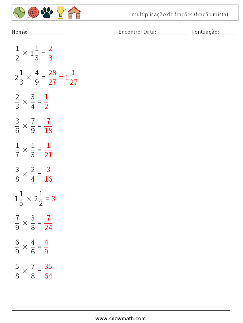 (10) multiplicação de frações (fração mista) planilhas matemáticas 12 Pergunta, Resposta