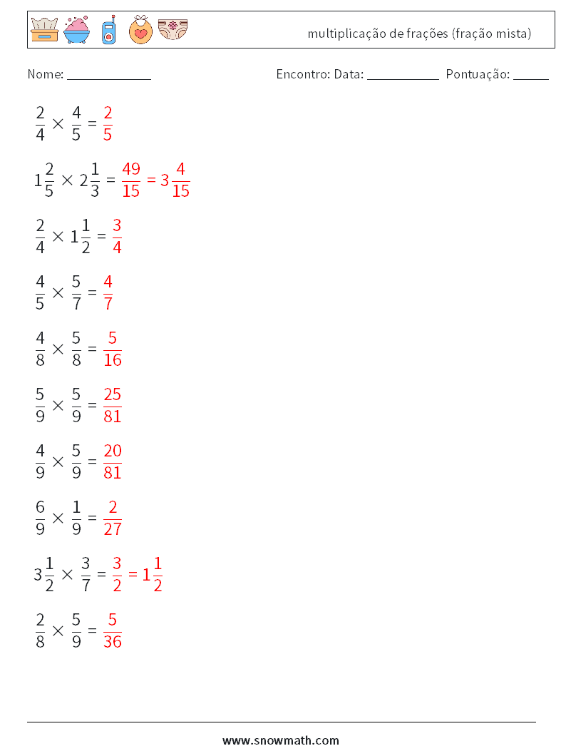 (10) multiplicação de frações (fração mista) planilhas matemáticas 14 Pergunta, Resposta