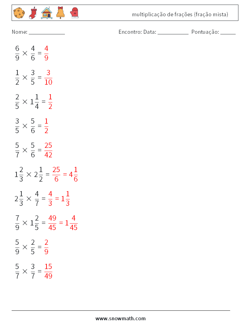(10) multiplicação de frações (fração mista) planilhas matemáticas 15 Pergunta, Resposta