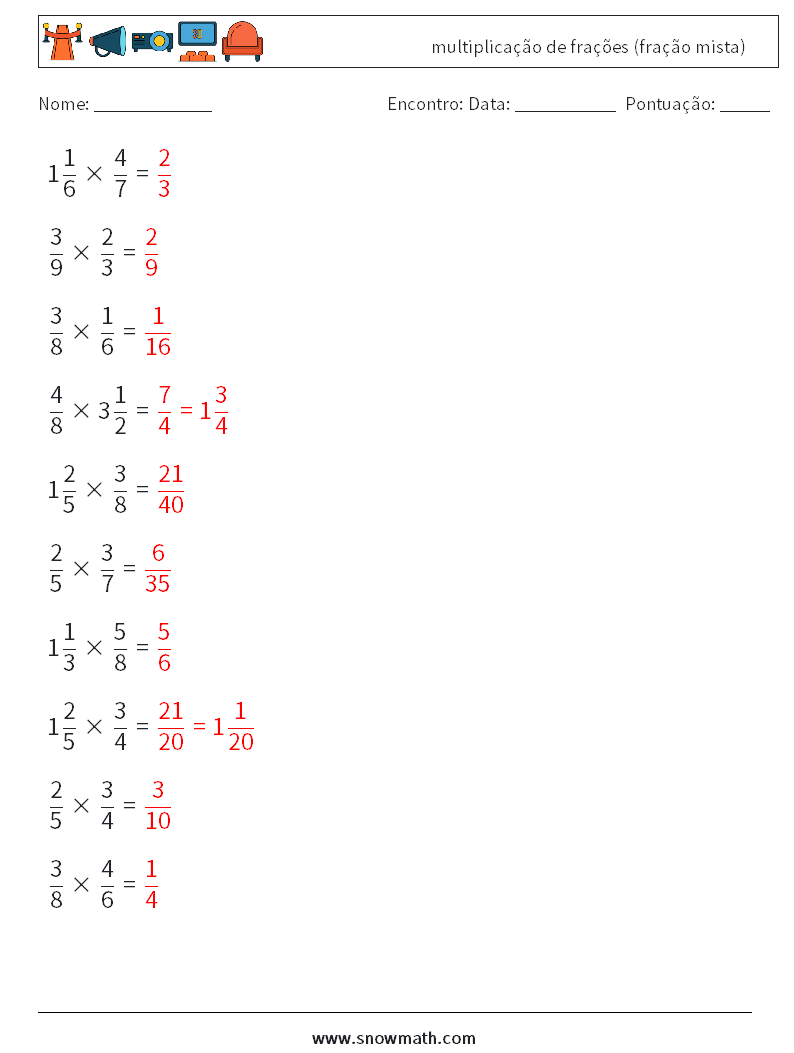 (10) multiplicação de frações (fração mista) planilhas matemáticas 16 Pergunta, Resposta