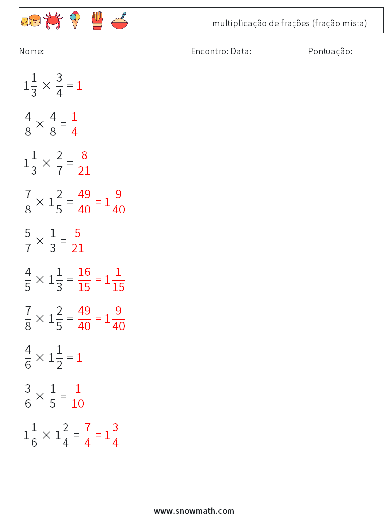 (10) multiplicação de frações (fração mista) planilhas matemáticas 17 Pergunta, Resposta