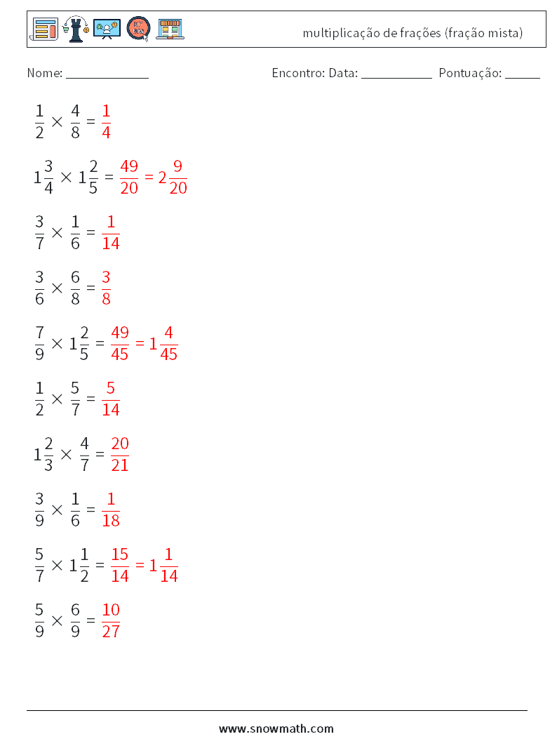 (10) multiplicação de frações (fração mista) planilhas matemáticas 18 Pergunta, Resposta