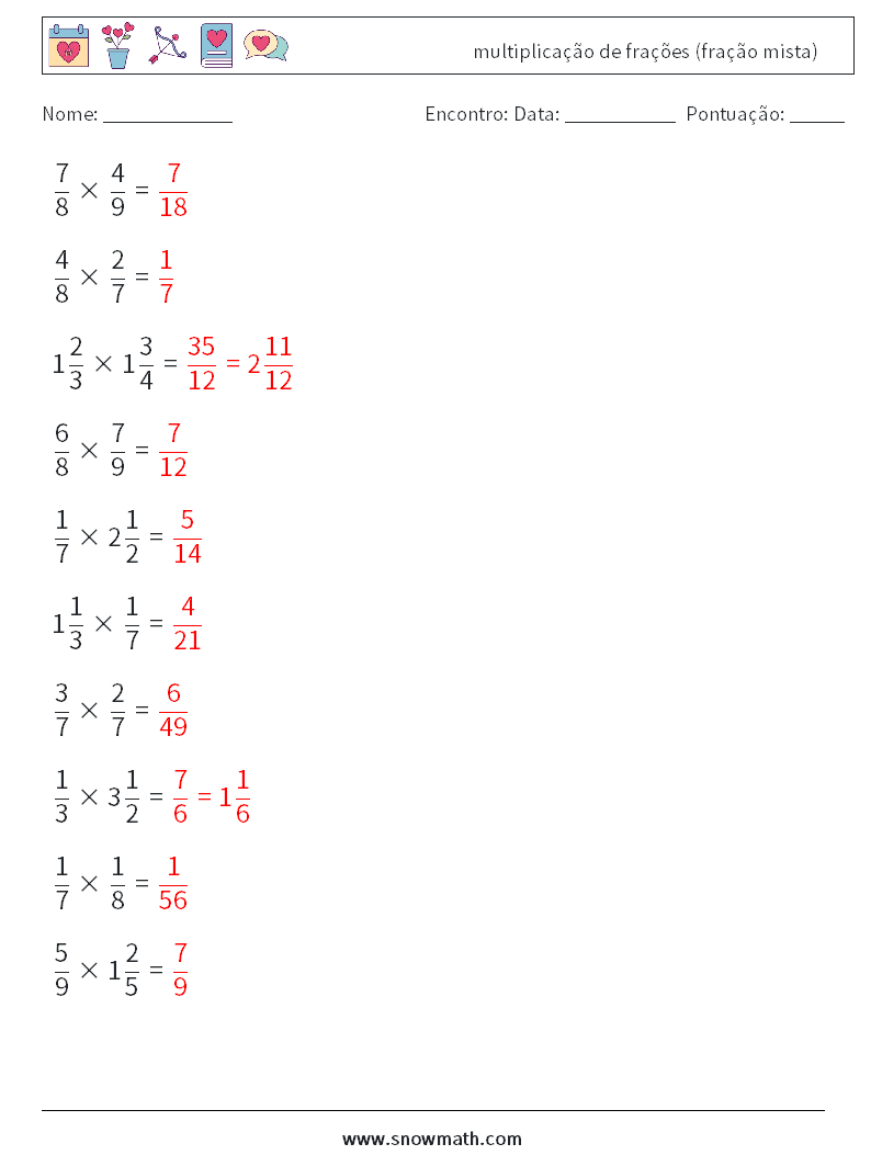 (10) multiplicação de frações (fração mista) planilhas matemáticas 1 Pergunta, Resposta
