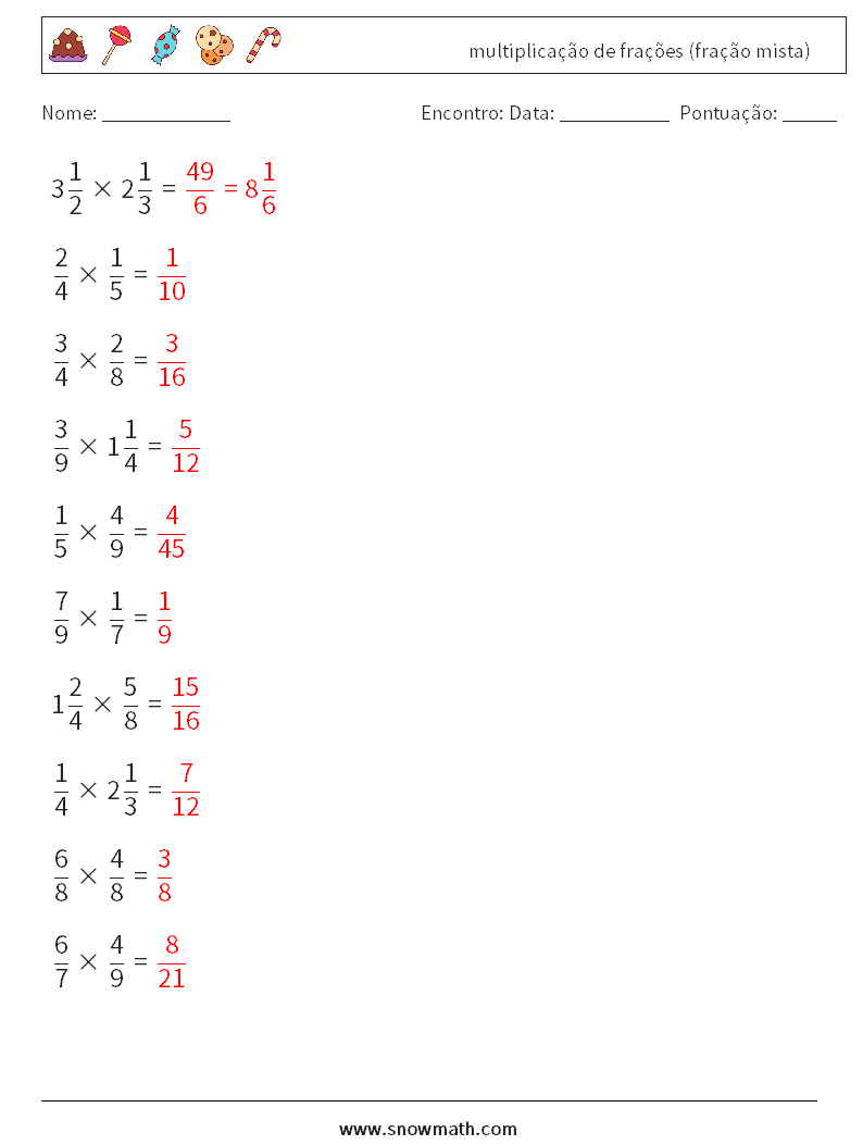 (10) multiplicação de frações (fração mista) planilhas matemáticas 2 Pergunta, Resposta