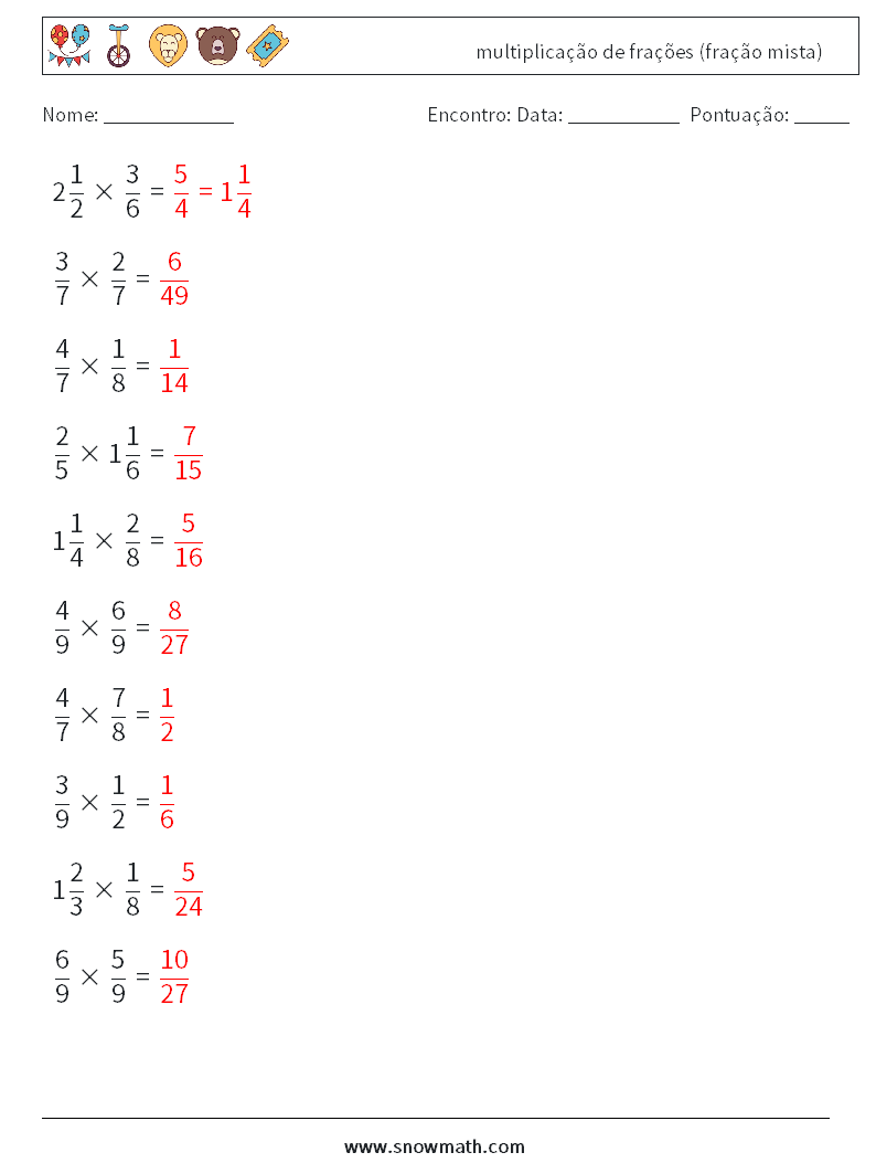 (10) multiplicação de frações (fração mista) planilhas matemáticas 3 Pergunta, Resposta