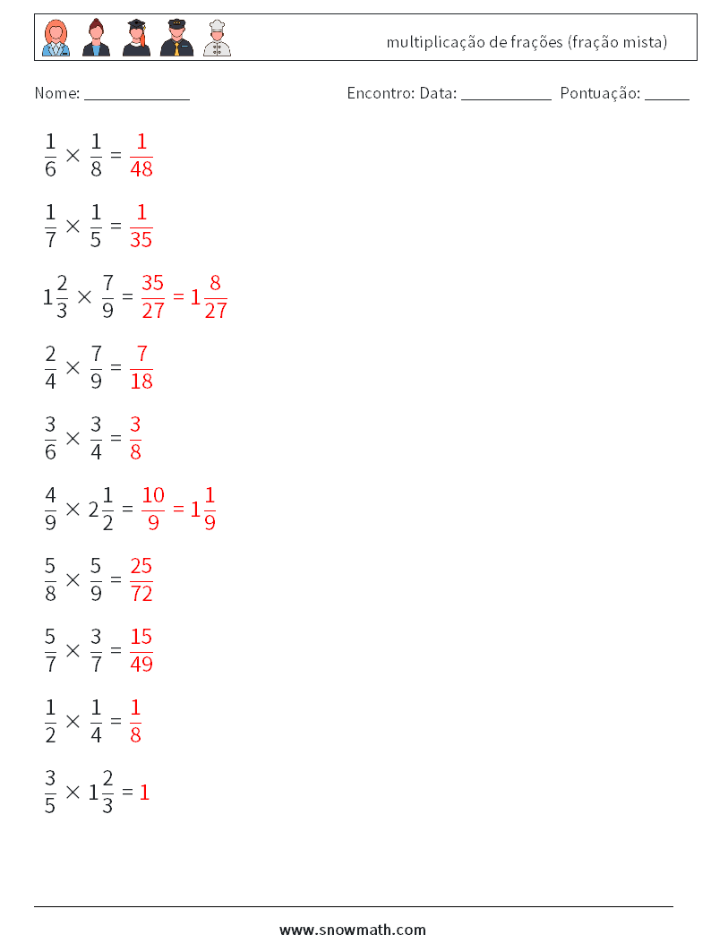 (10) multiplicação de frações (fração mista) planilhas matemáticas 4 Pergunta, Resposta
