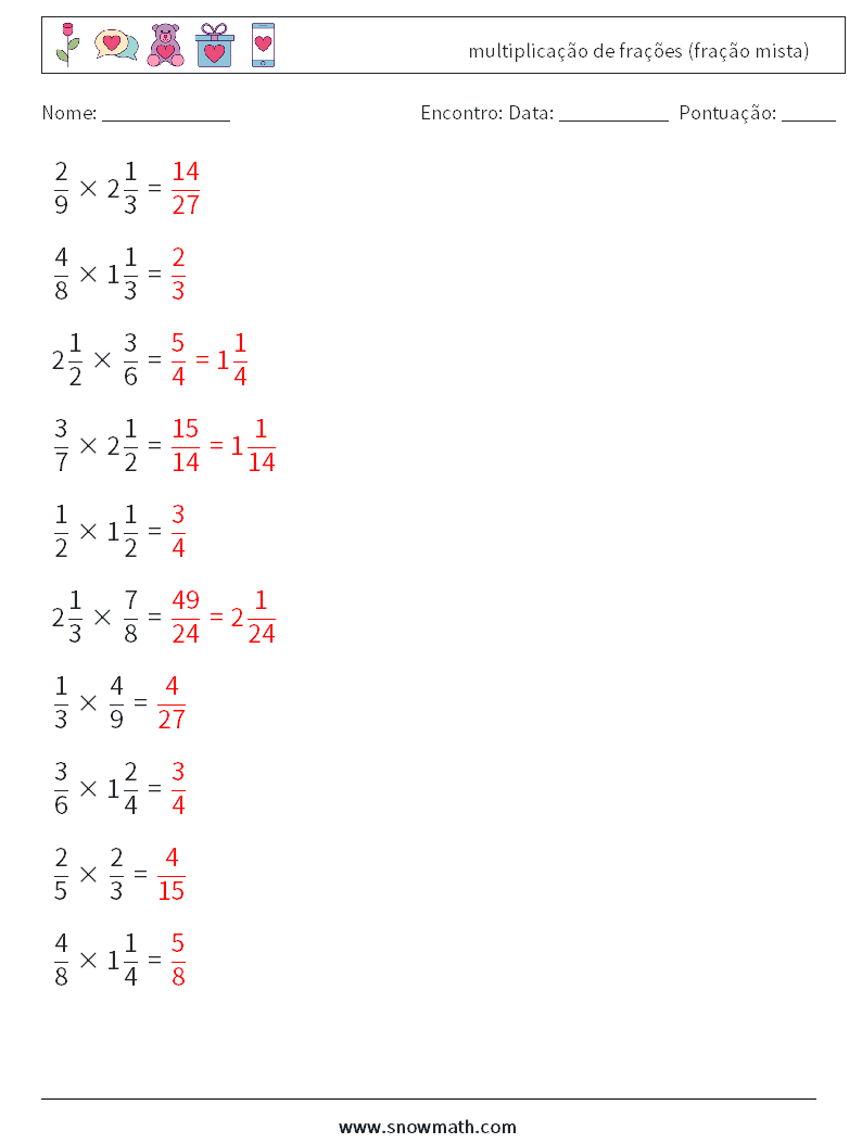 (10) multiplicação de frações (fração mista) planilhas matemáticas 7 Pergunta, Resposta