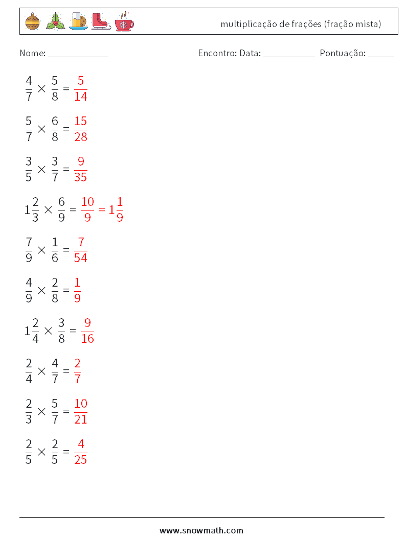 (10) multiplicação de frações (fração mista) planilhas matemáticas 8 Pergunta, Resposta