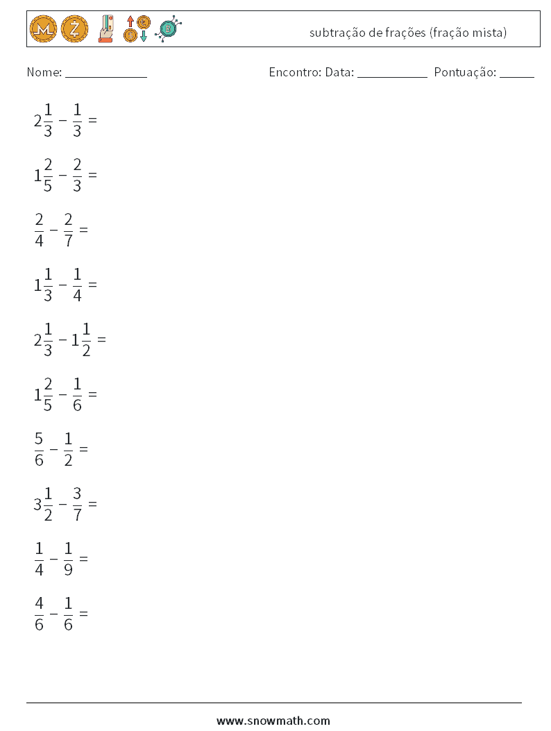 (10) subtração de frações (fração mista) planilhas matemáticas 11