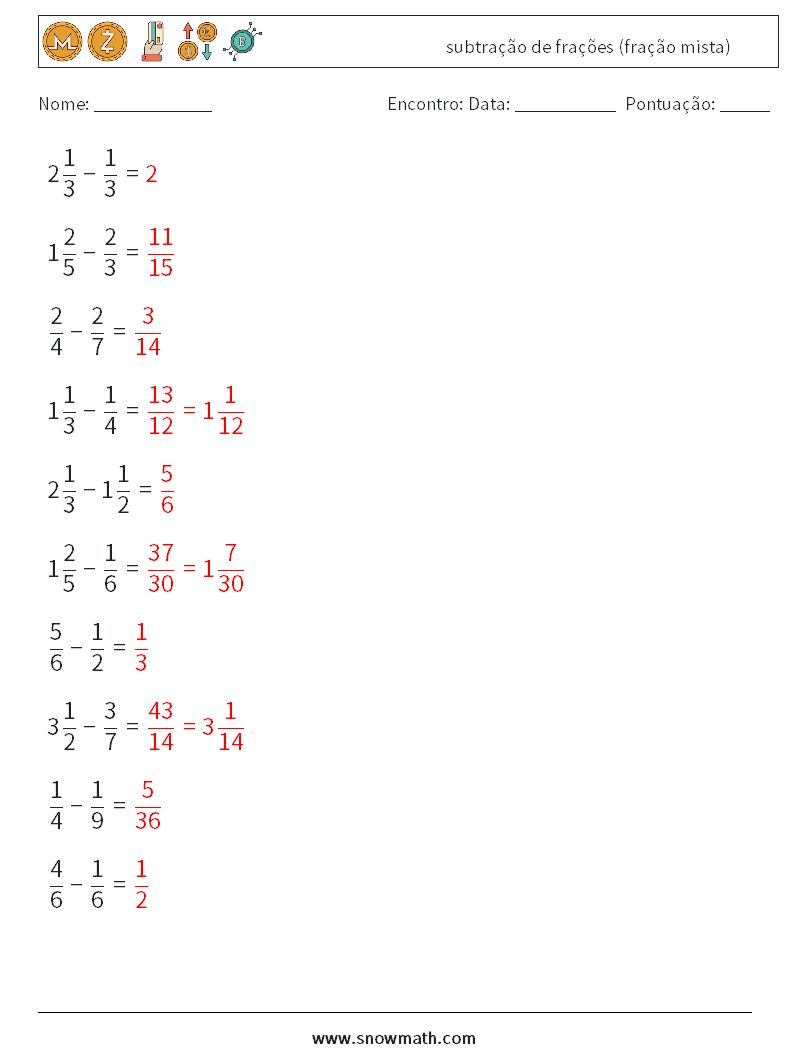 (10) subtração de frações (fração mista) planilhas matemáticas 11 Pergunta, Resposta