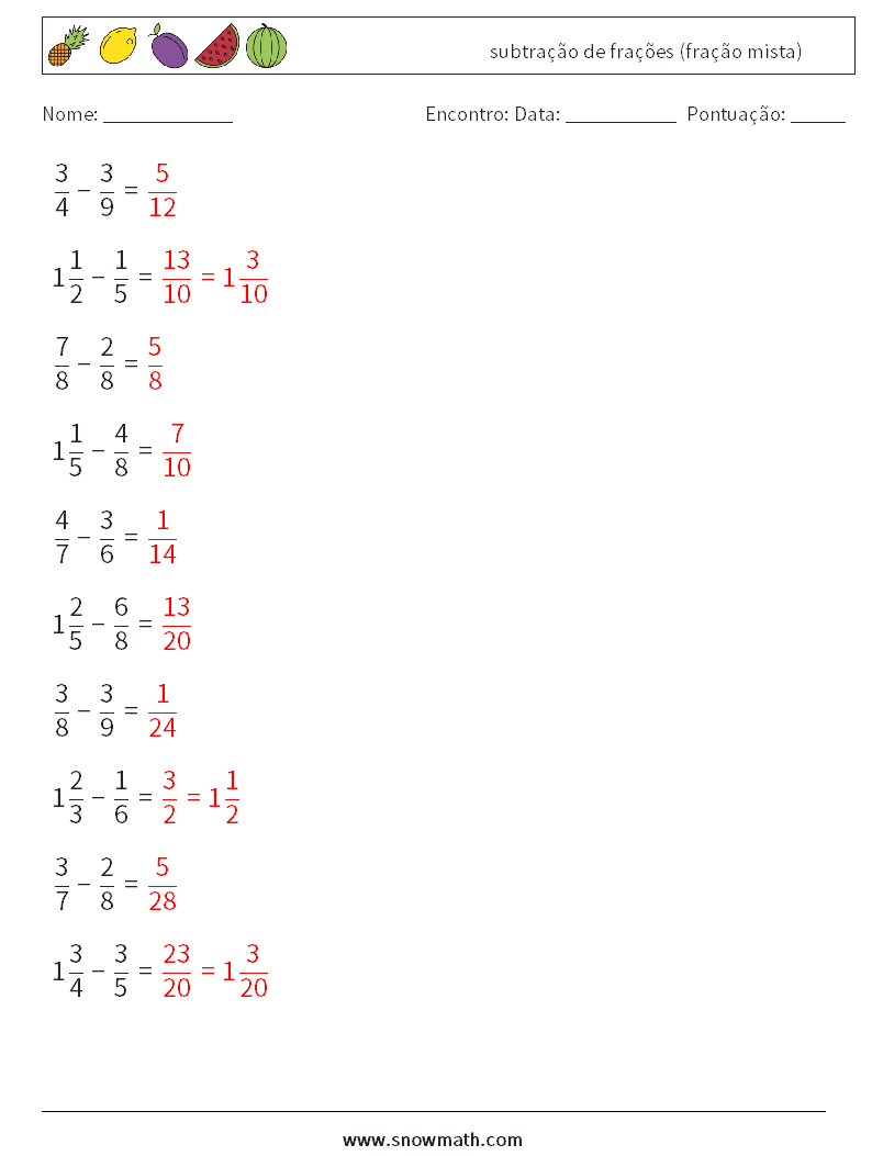 (10) subtração de frações (fração mista) planilhas matemáticas 12 Pergunta, Resposta