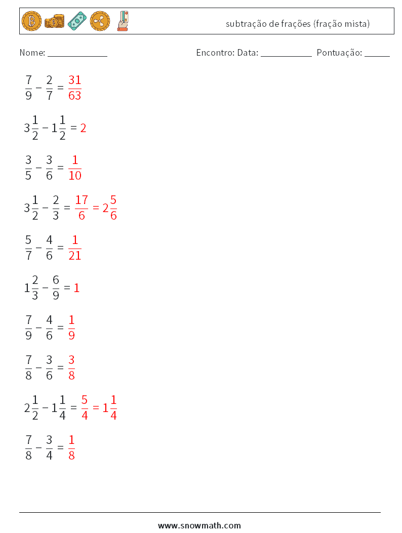 (10) subtração de frações (fração mista) planilhas matemáticas 14 Pergunta, Resposta