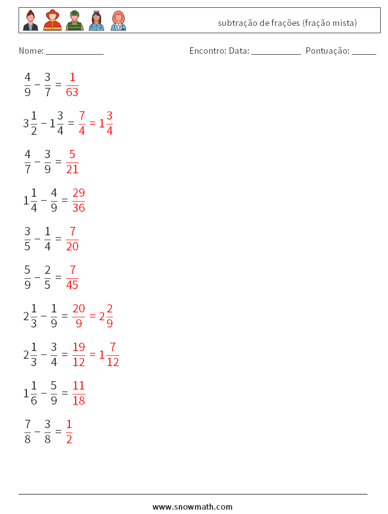 (10) subtração de frações (fração mista) planilhas matemáticas 15 Pergunta, Resposta