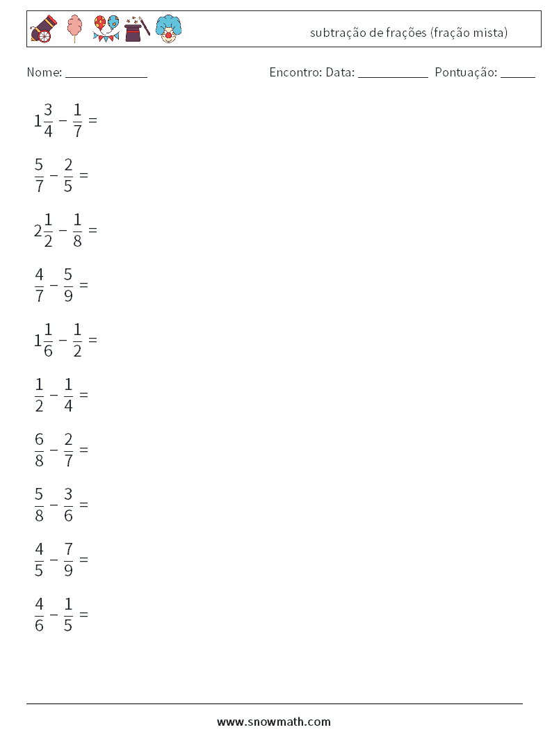 (10) subtração de frações (fração mista) planilhas matemáticas 16