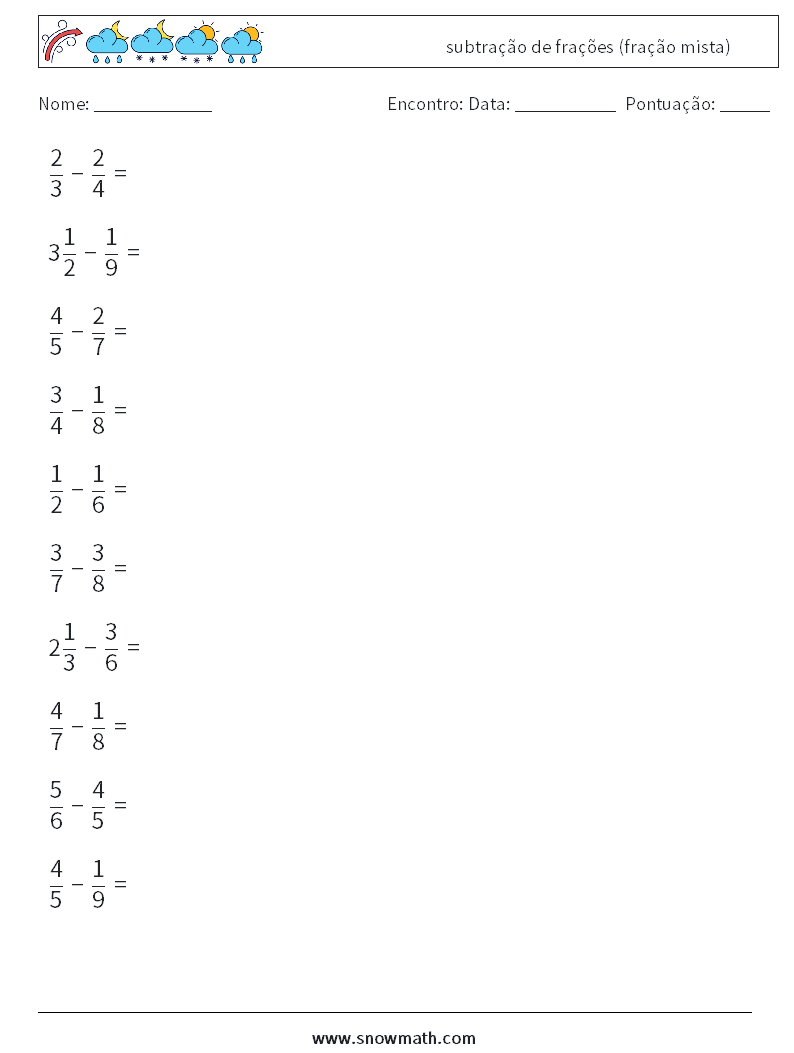 (10) subtração de frações (fração mista) planilhas matemáticas 17