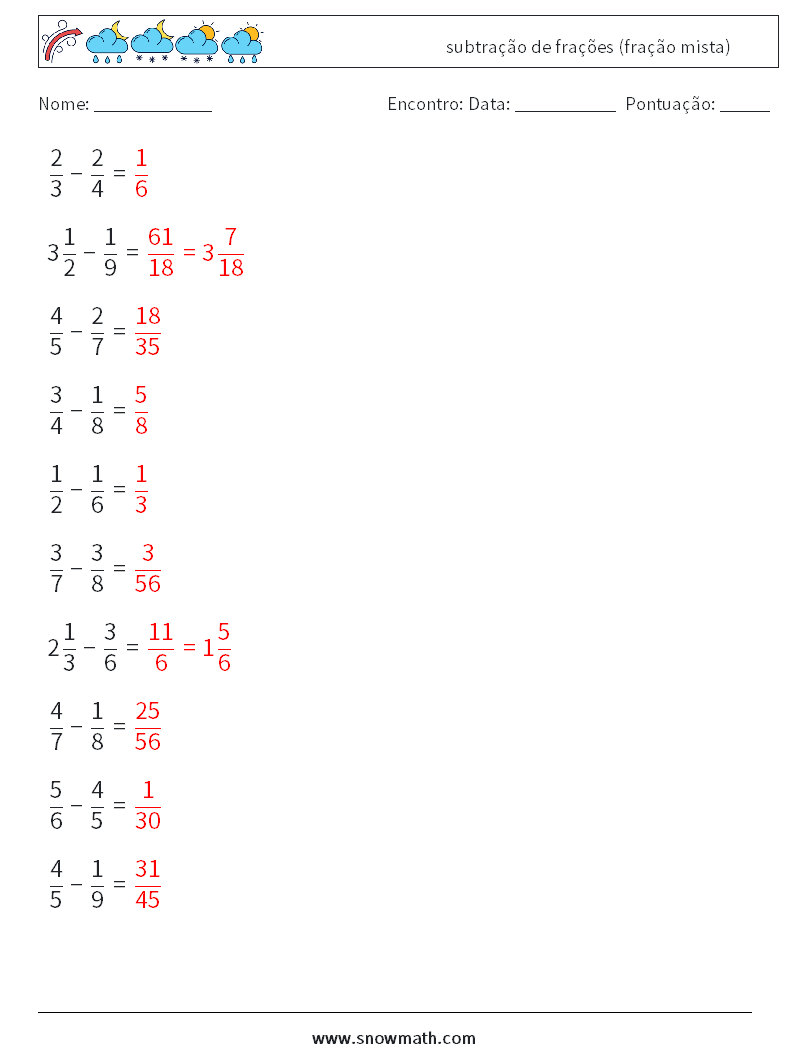 (10) subtração de frações (fração mista) planilhas matemáticas 17 Pergunta, Resposta