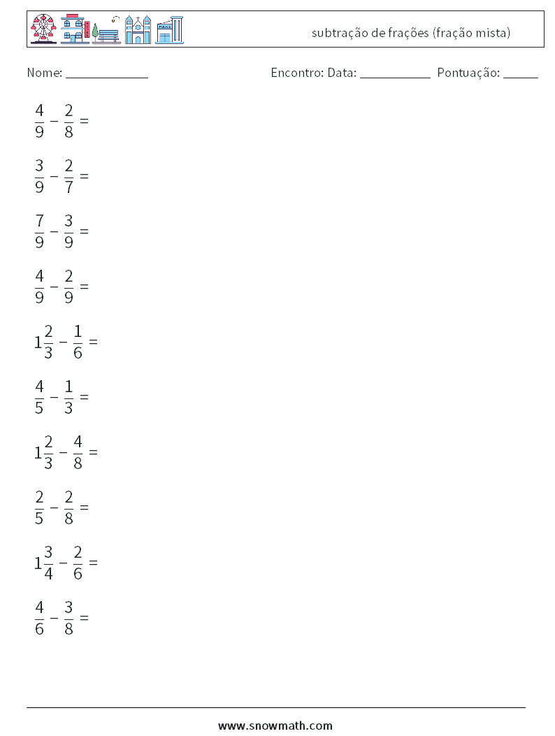 (10) subtração de frações (fração mista) planilhas matemáticas 18