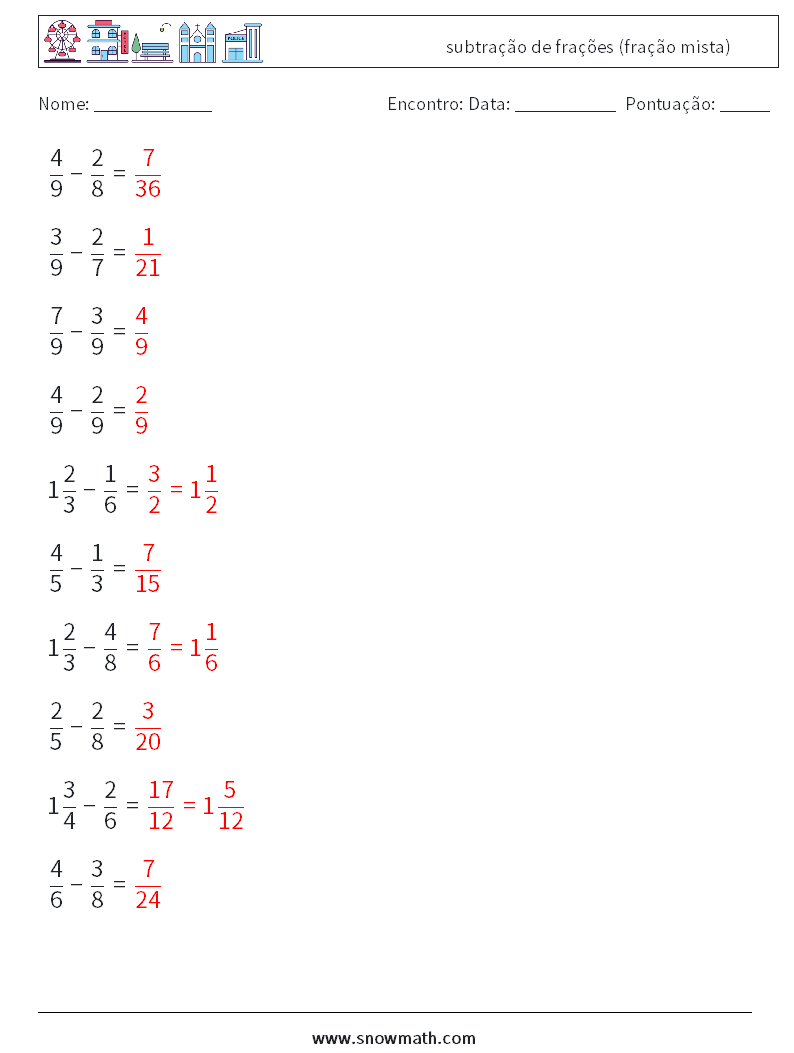 (10) subtração de frações (fração mista) planilhas matemáticas 18 Pergunta, Resposta