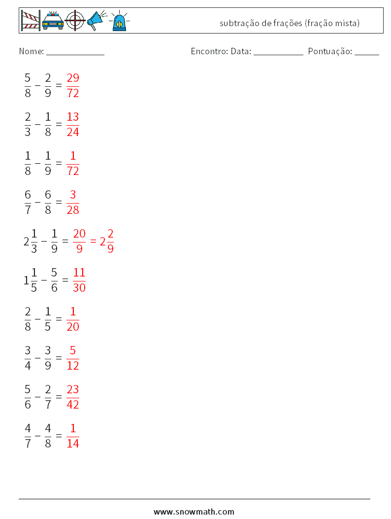 (10) subtração de frações (fração mista) planilhas matemáticas 1 Pergunta, Resposta