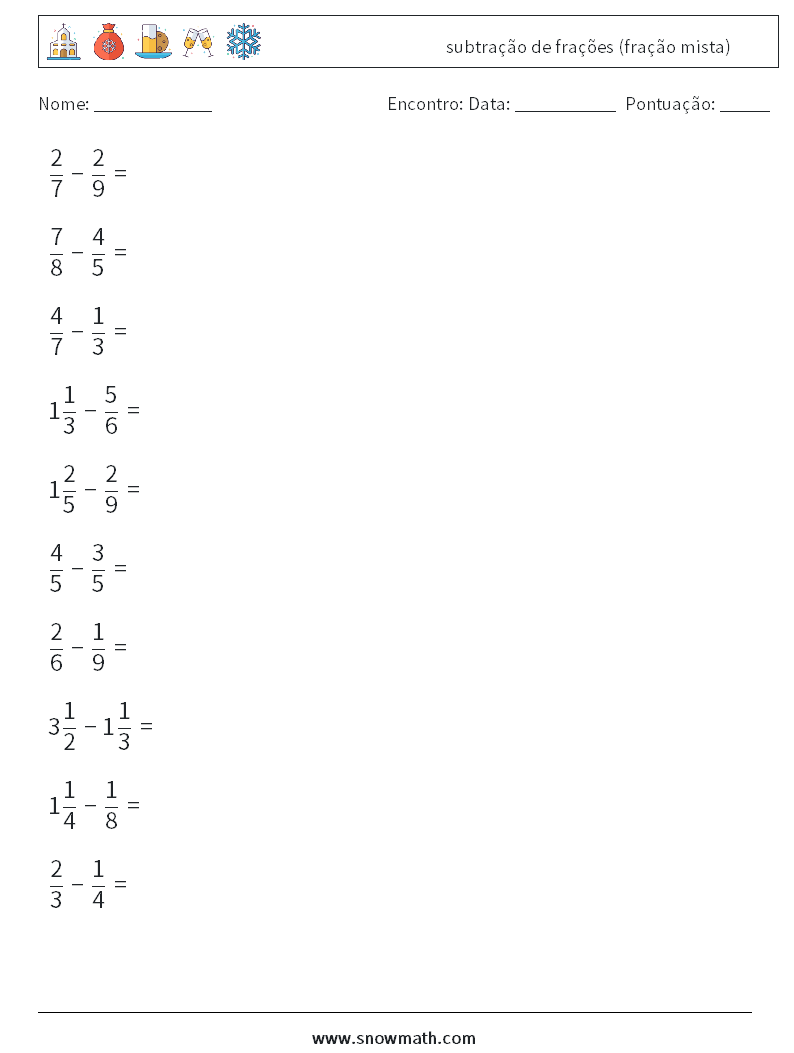 (10) subtração de frações (fração mista) planilhas matemáticas 2