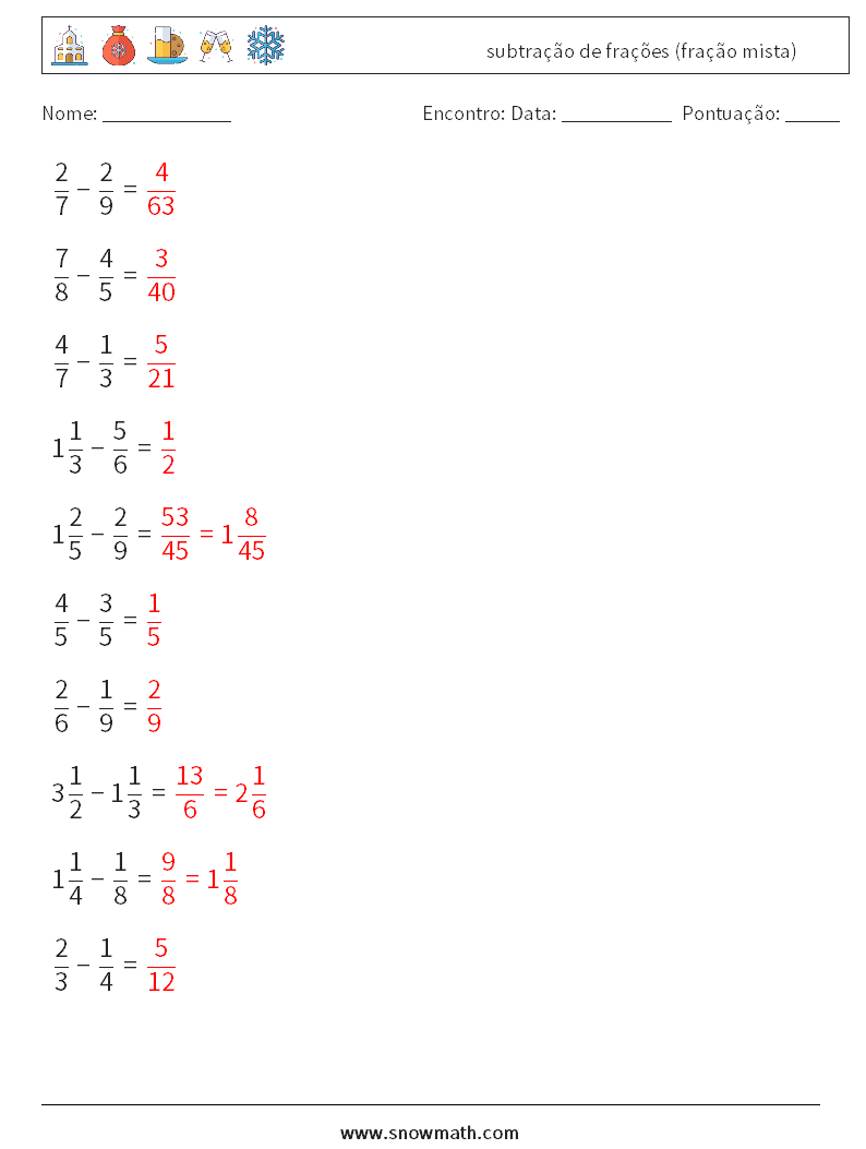 (10) subtração de frações (fração mista) planilhas matemáticas 2 Pergunta, Resposta
