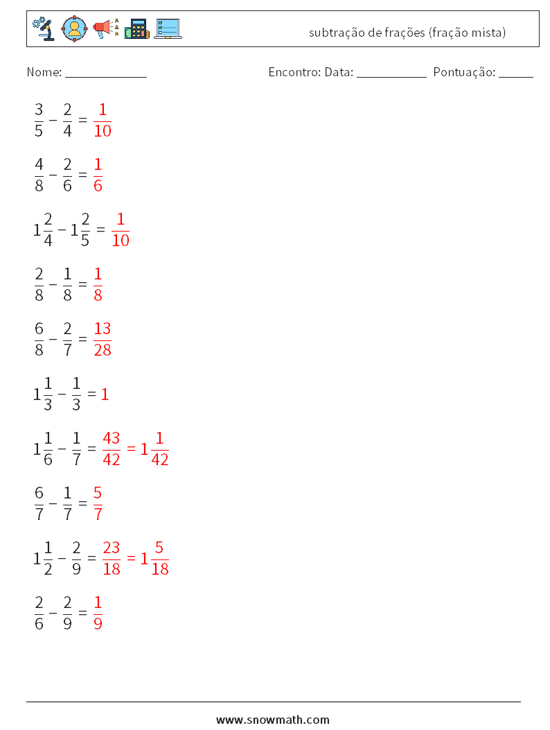 (10) subtração de frações (fração mista) planilhas matemáticas 5 Pergunta, Resposta