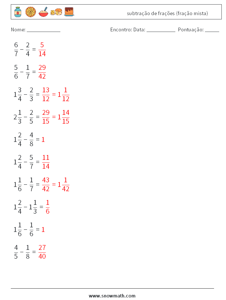 (10) subtração de frações (fração mista) planilhas matemáticas 7 Pergunta, Resposta