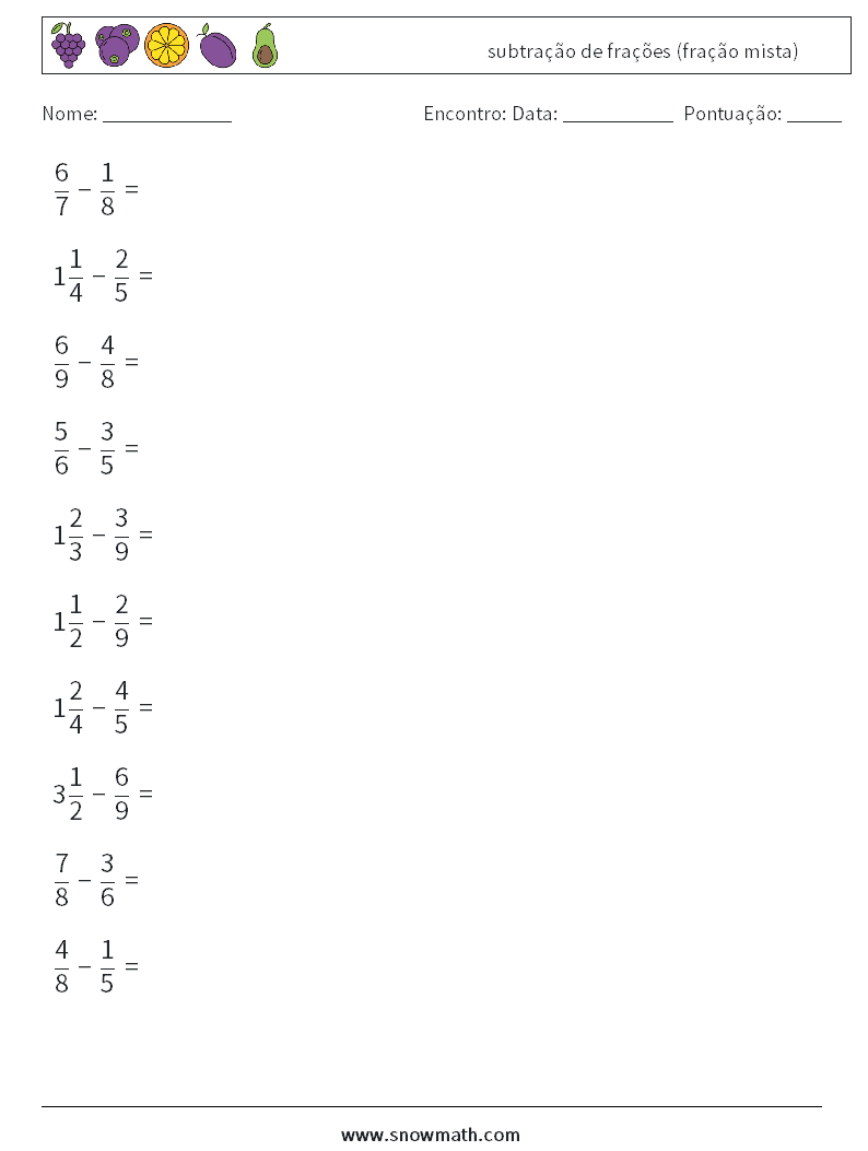 (10) subtração de frações (fração mista) planilhas matemáticas 8
