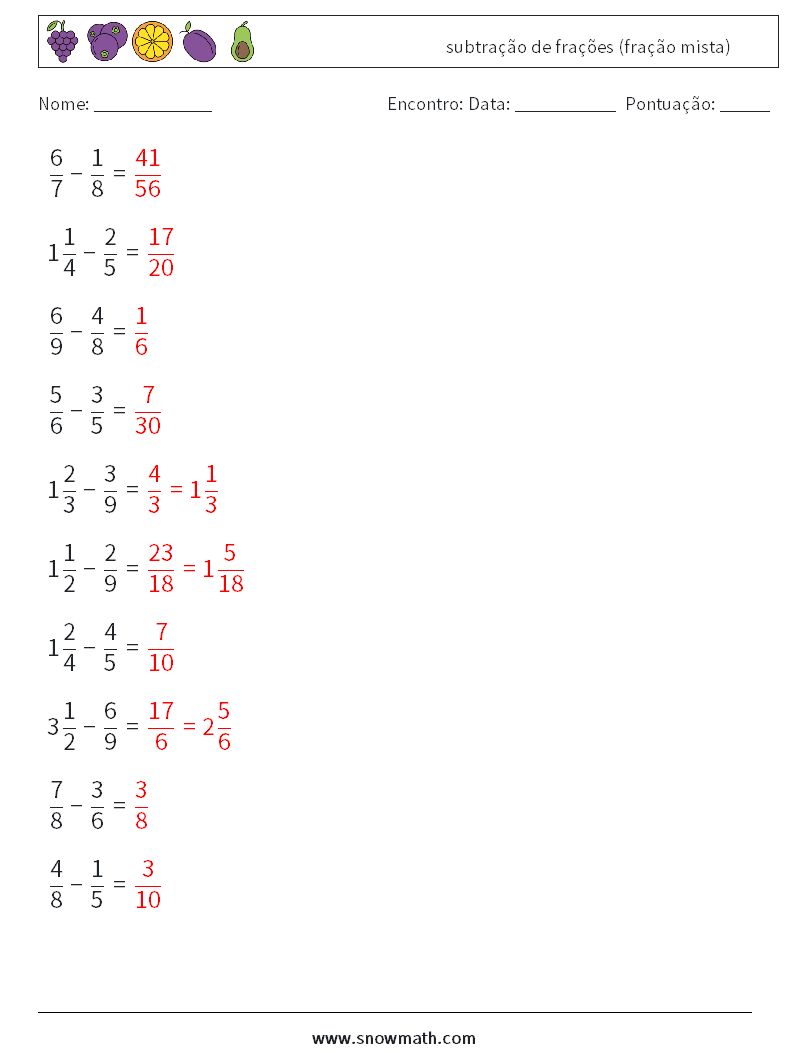 (10) subtração de frações (fração mista) planilhas matemáticas 8 Pergunta, Resposta