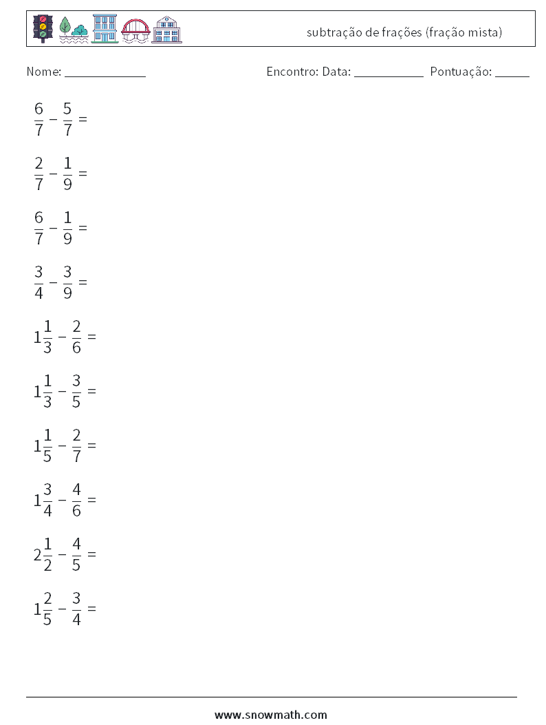 (10) subtração de frações (fração mista) planilhas matemáticas 9