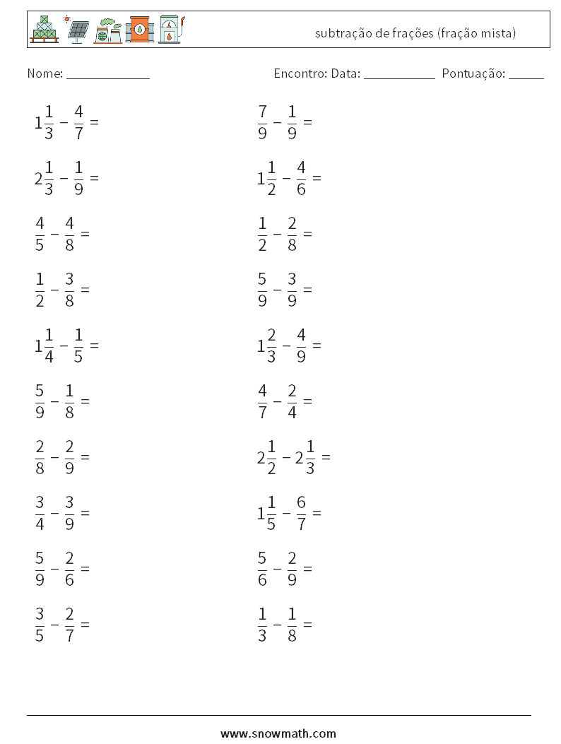 (20) subtração de frações (fração mista) planilhas matemáticas 10