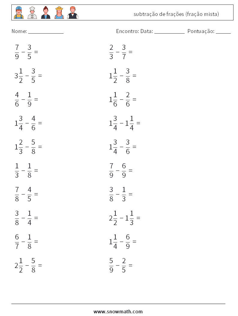 (20) subtração de frações (fração mista) planilhas matemáticas 11
