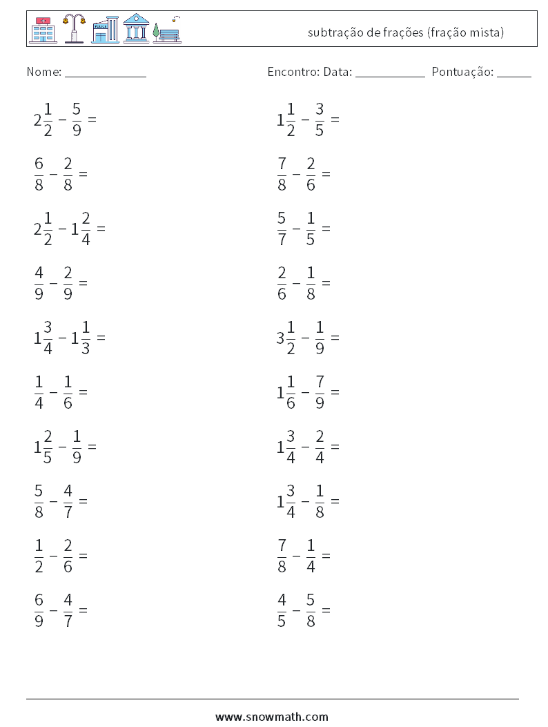 (20) subtração de frações (fração mista) planilhas matemáticas 12