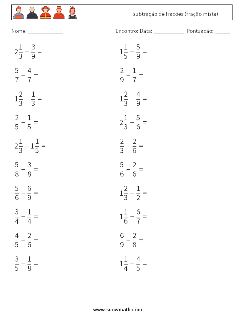 (20) subtração de frações (fração mista) planilhas matemáticas 13