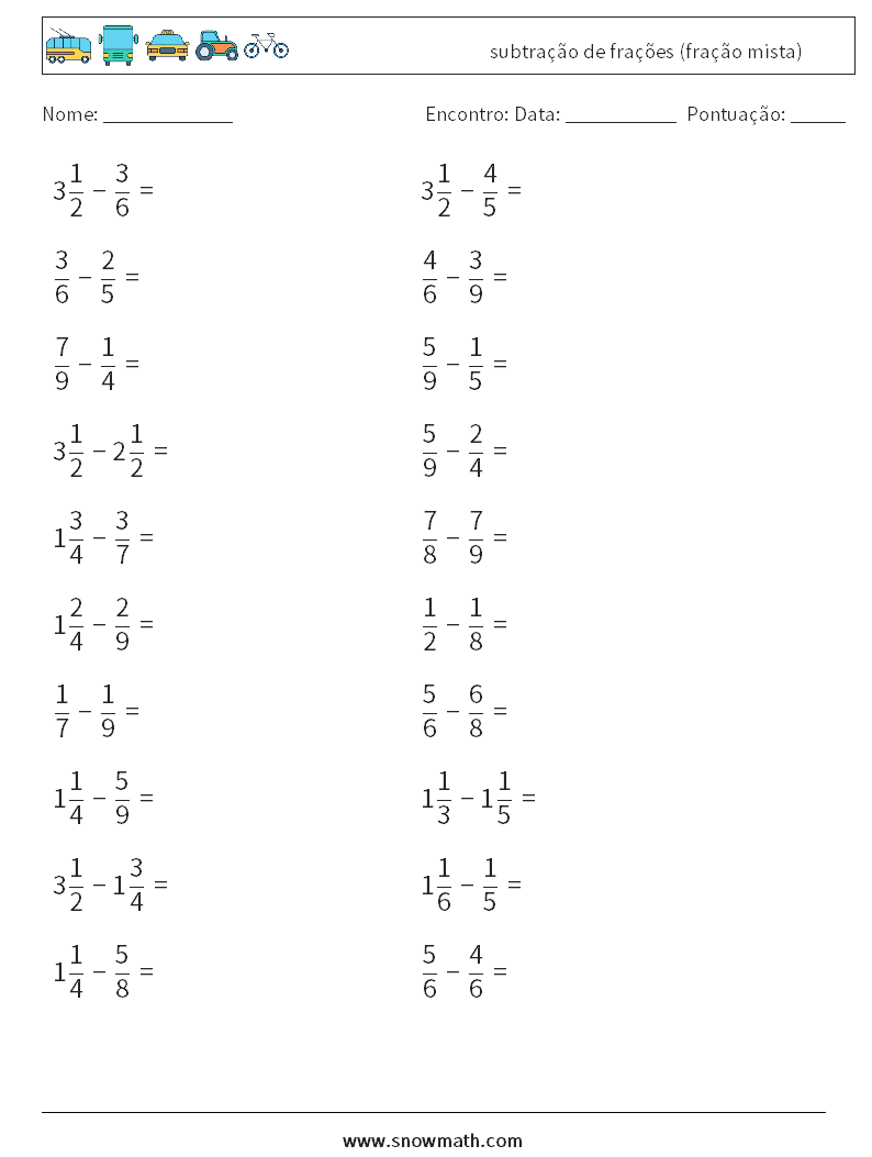 (20) subtração de frações (fração mista) planilhas matemáticas 14