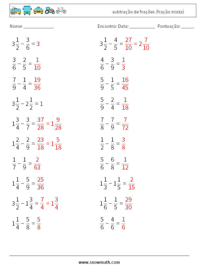 (20) subtração de frações (fração mista) planilhas matemáticas 14 Pergunta, Resposta