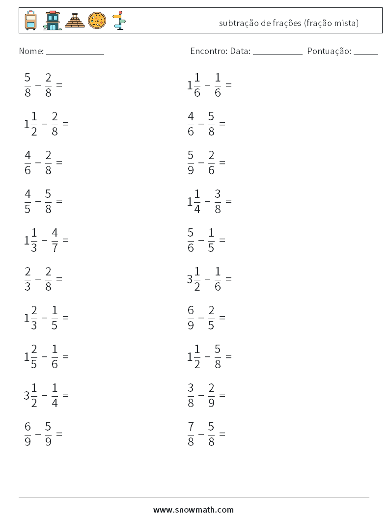 (20) subtração de frações (fração mista) planilhas matemáticas 15