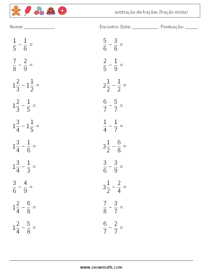 (20) subtração de frações (fração mista) planilhas matemáticas 16