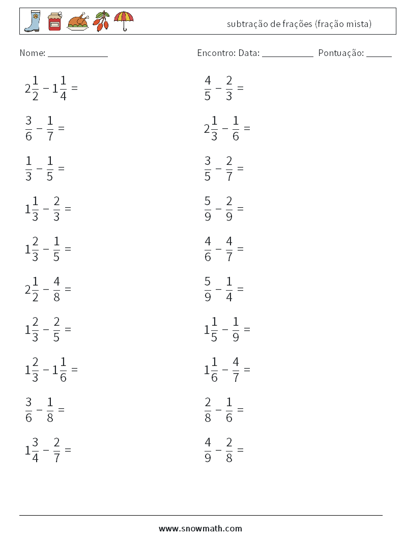 (20) subtração de frações (fração mista) planilhas matemáticas 17