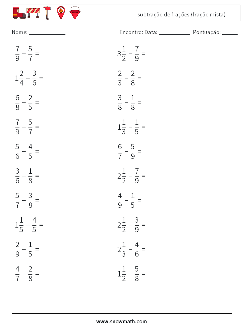 (20) subtração de frações (fração mista) planilhas matemáticas 18