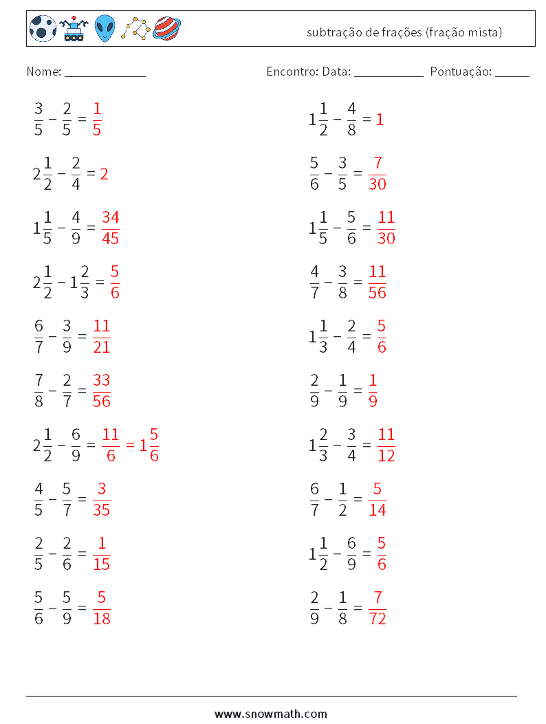 (20) subtração de frações (fração mista) planilhas matemáticas 1 Pergunta, Resposta