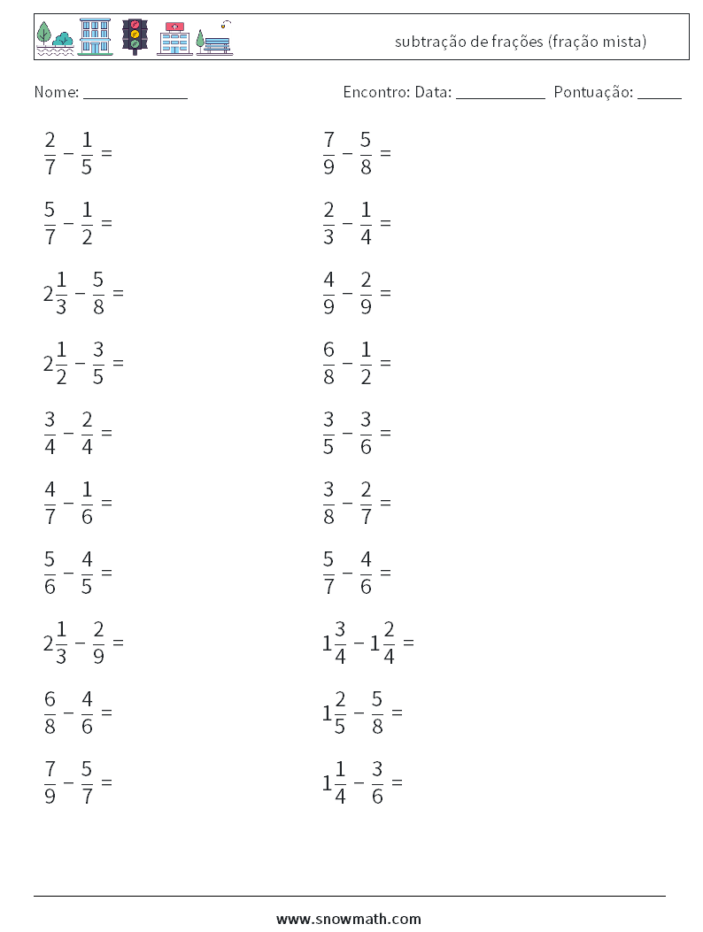 (20) subtração de frações (fração mista) planilhas matemáticas 2