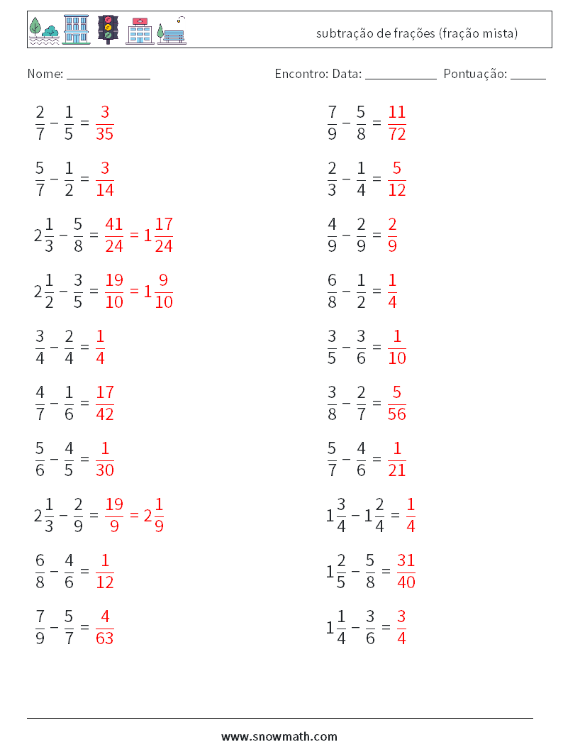 (20) subtração de frações (fração mista) planilhas matemáticas 2 Pergunta, Resposta
