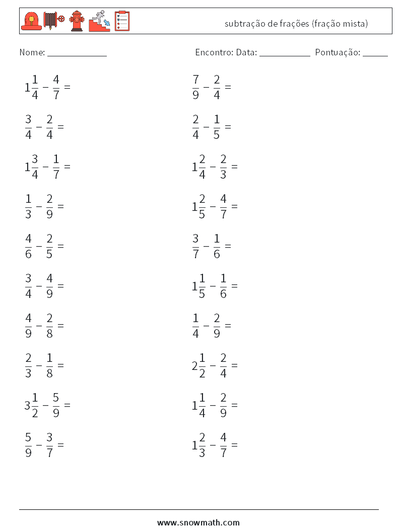 (20) subtração de frações (fração mista) planilhas matemáticas 3