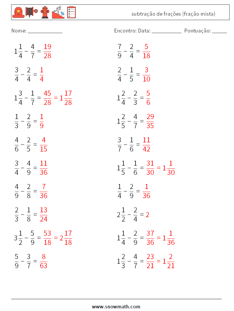 (20) subtração de frações (fração mista) planilhas matemáticas 3 Pergunta, Resposta