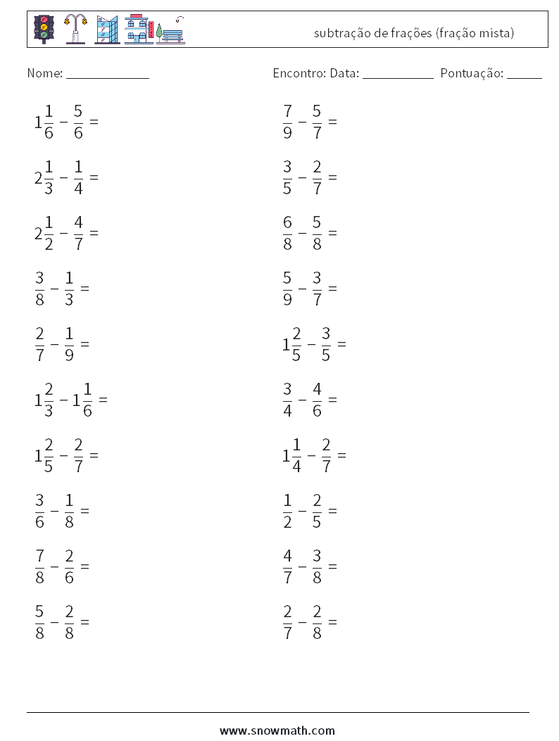 (20) subtração de frações (fração mista) planilhas matemáticas 4
