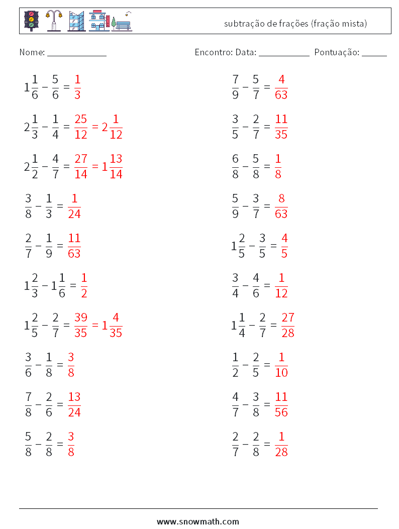 (20) subtração de frações (fração mista) planilhas matemáticas 4 Pergunta, Resposta