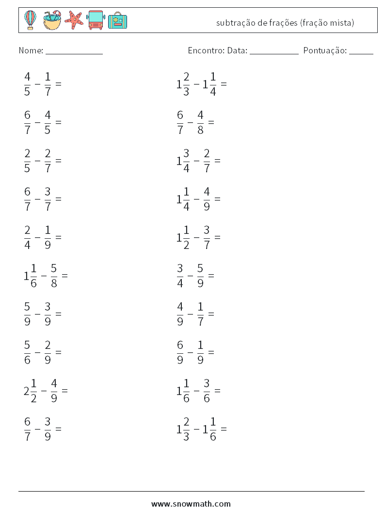 (20) subtração de frações (fração mista) planilhas matemáticas 5